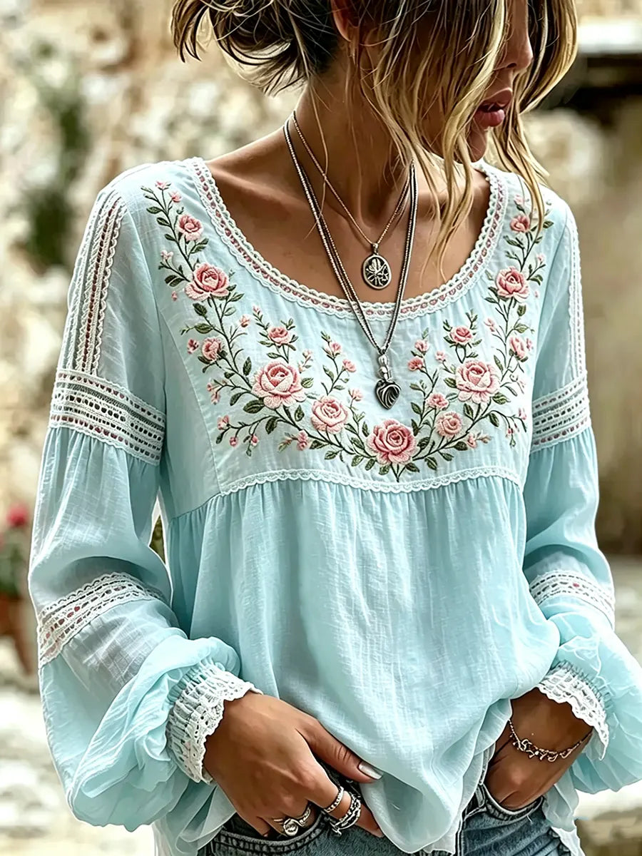 Esraa - Blusa De Lino Con Cuello Bordado Con Motivos Florales