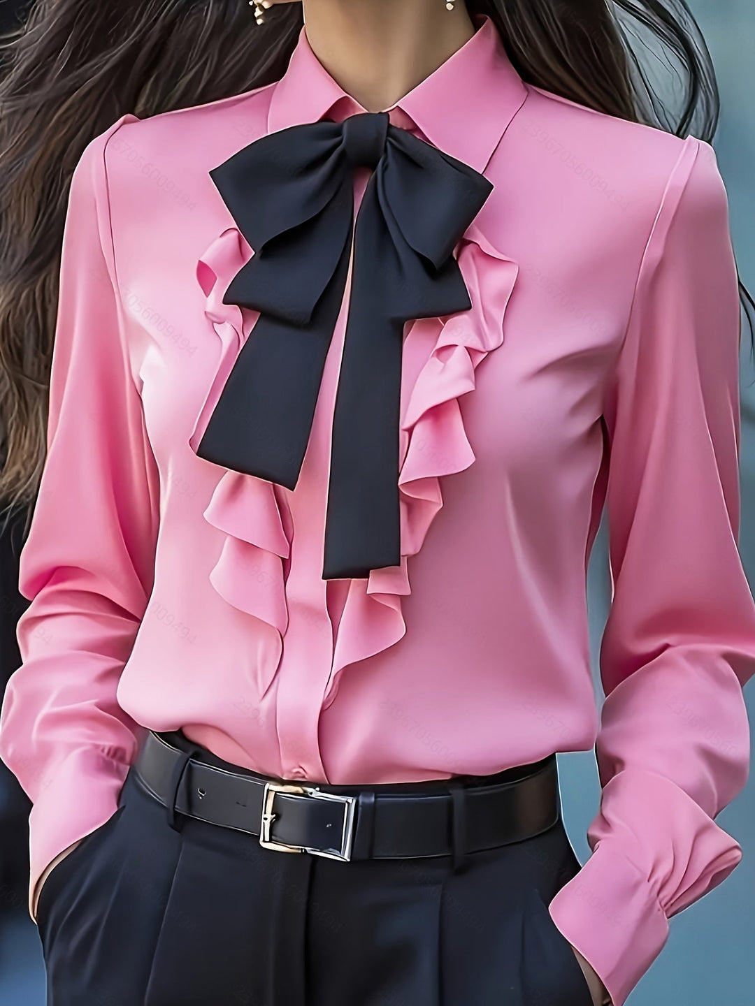 Dwyna - Blusa De Manga Larga Con Botones y Lazo Con Volantes