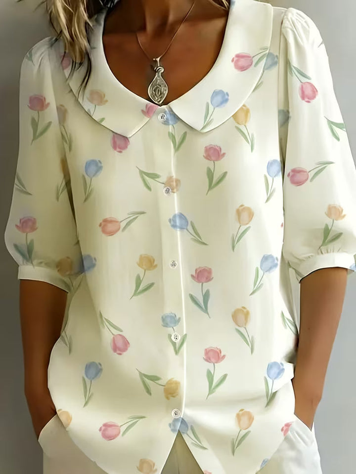Alvique - Blusa De Manga Corta Con Cuello Estampado Floral