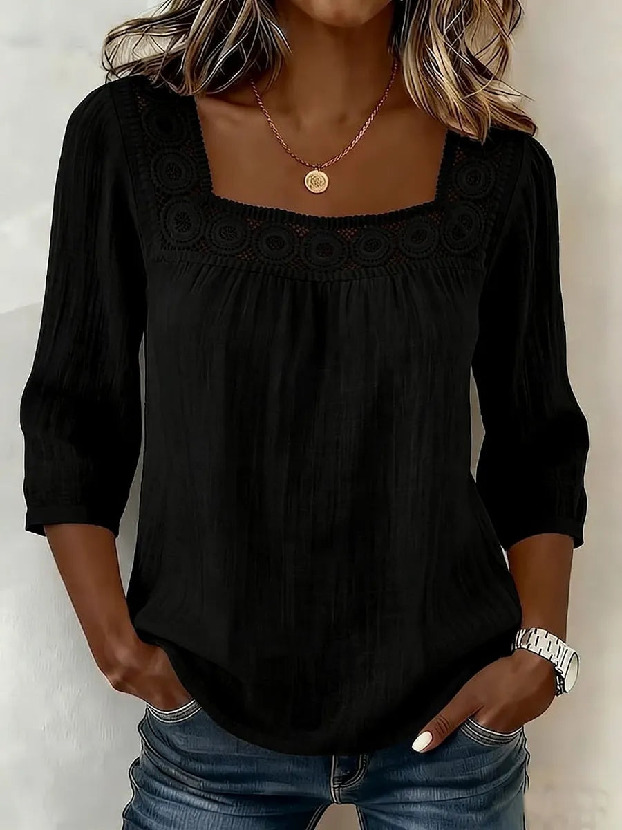 Nozomi - Blusa De Encaje Con Cuello Cuadrado Y Diseño De Retazos