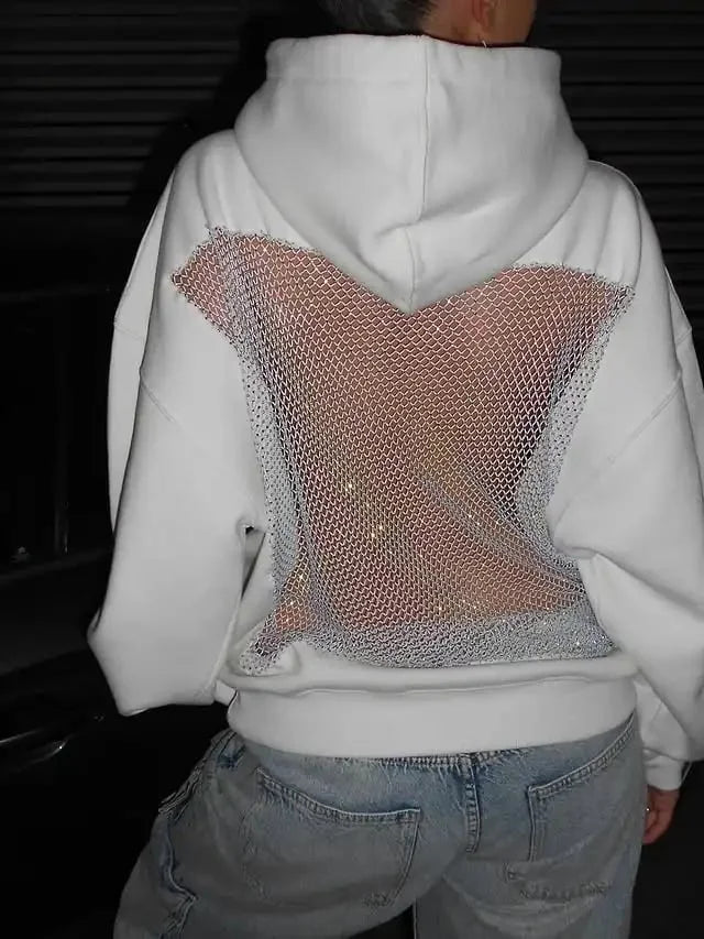 Yasmina - Sudadera Con Capucha Sin Espalda y Malla Brillante