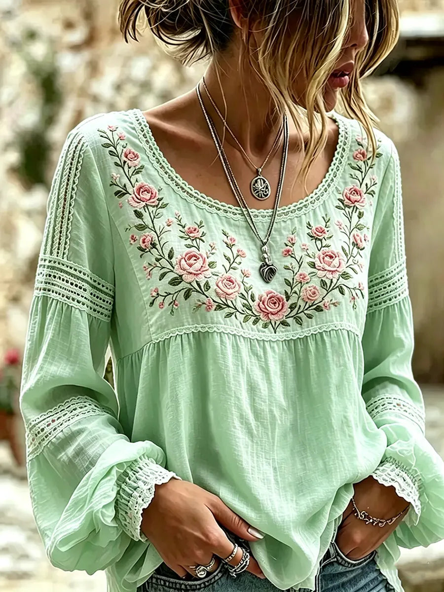 Esraa - Blusa De Lino Con Cuello Bordado Con Motivos Florales