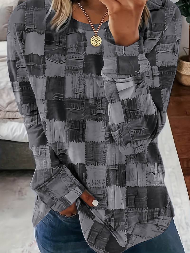 Talya - Top Informal de Manga Larga Con Estampado a Cuadros