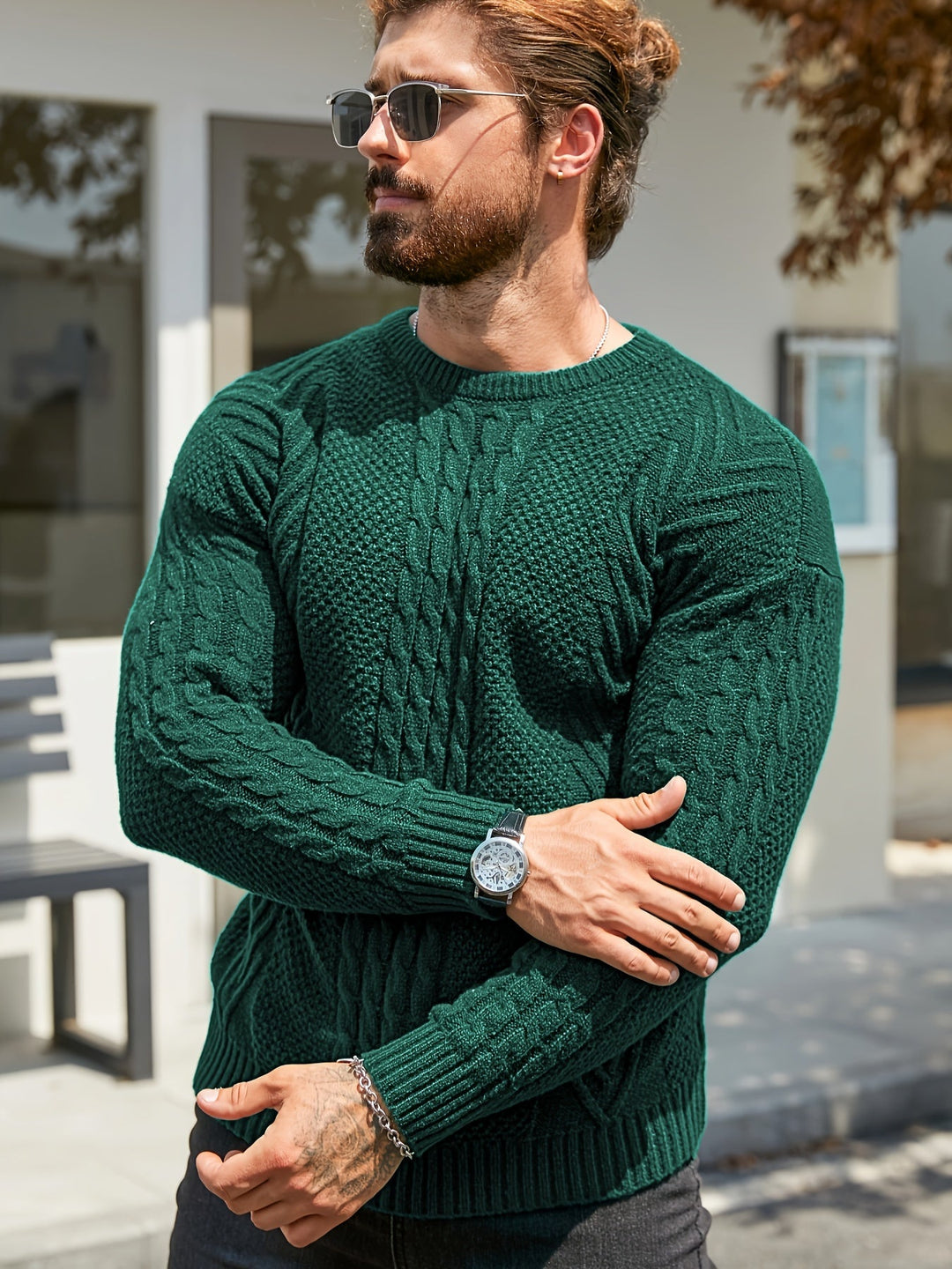 Eiduks - Jersey Clásico de Cuello Redondo Con Punto Trenzado