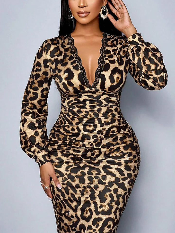 Ysobel - Vestido midi de Encaje con Estampado de Leopardo y Cuello en V