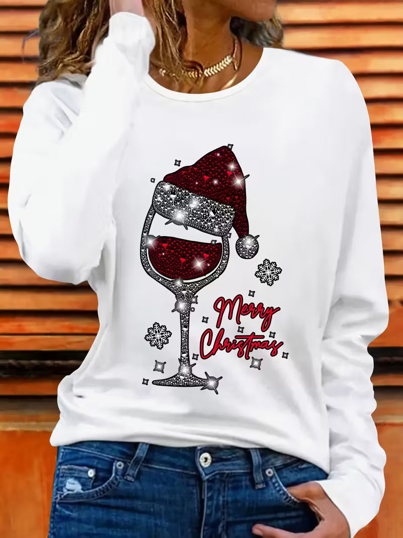Doreah - Jersey Con Estampado De Copa De Vino Navideña y Gorro De Papá Noel