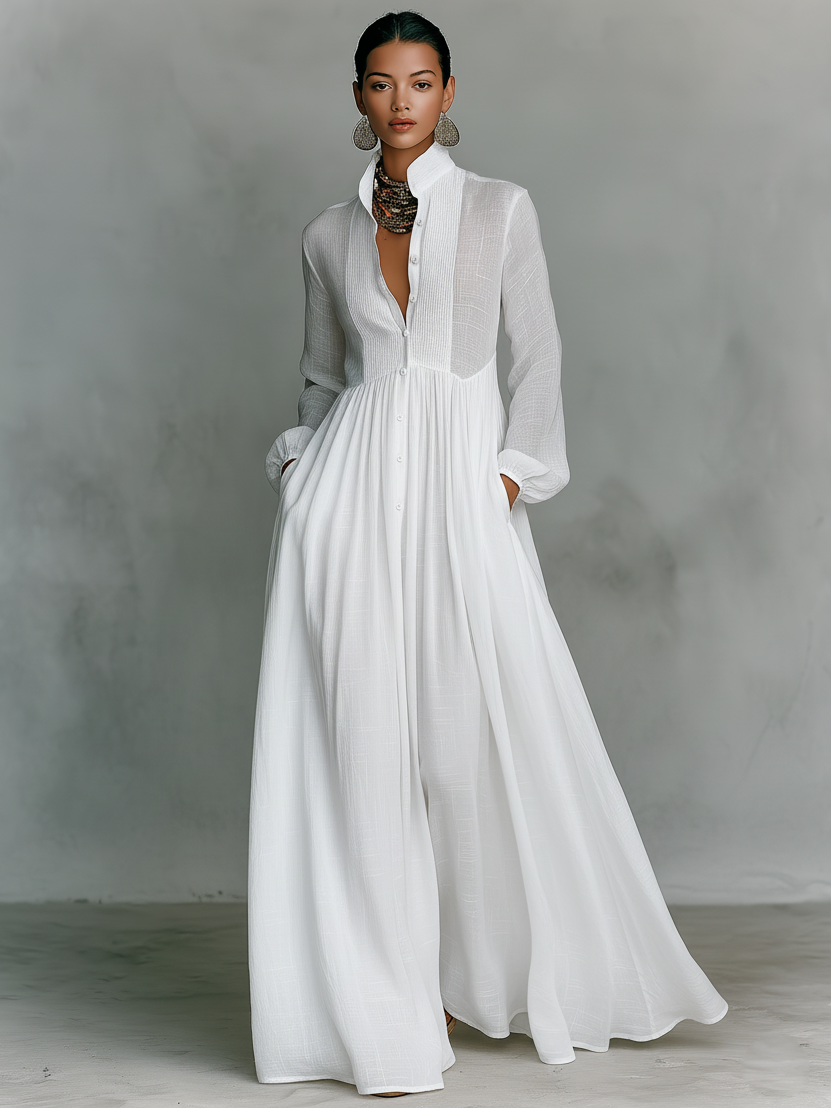 Naylia - Vestido Largo con Cuello Alto y Mangas Largas