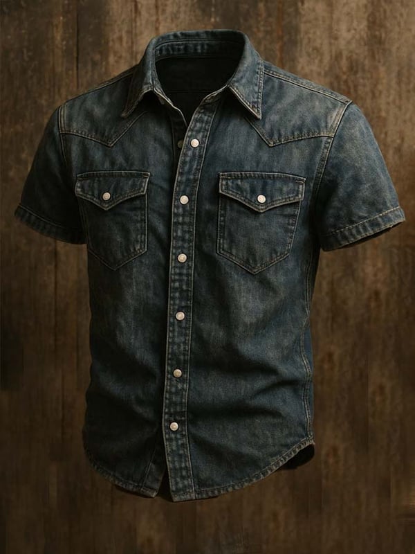 Camisa Vintage De Sarga Para Hombre Con Dos Bolsillos y Manga Corta Con Aspecto Desgastado
