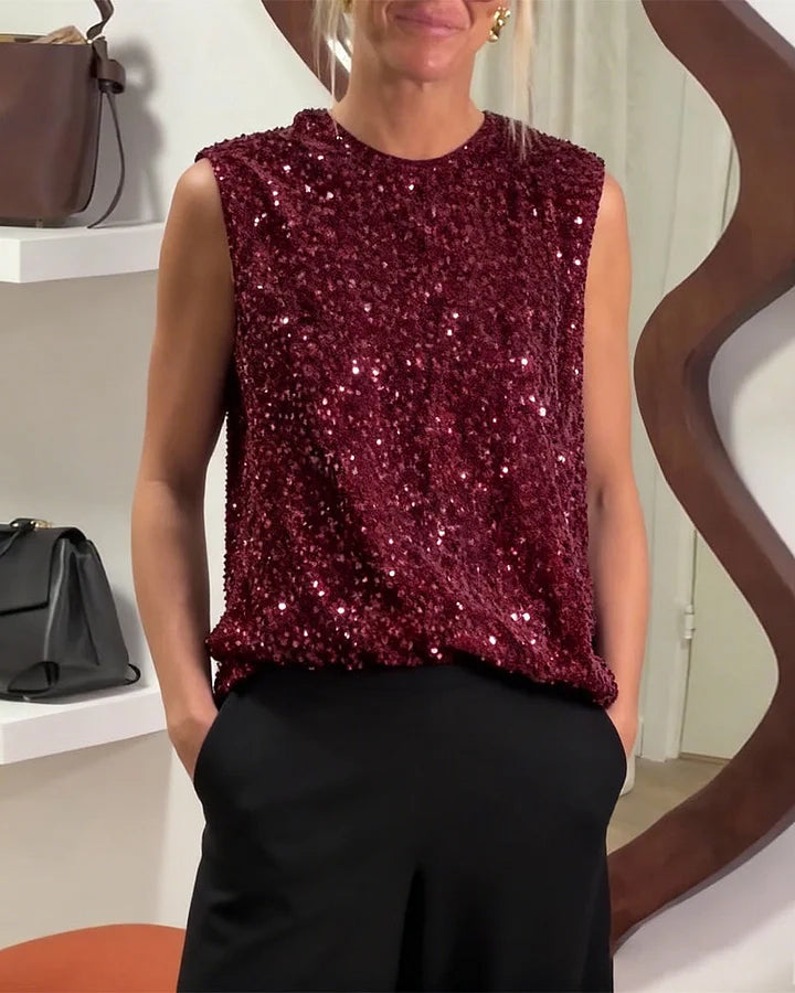 Shinobu - Camiseta Sin Mangas Con Lentejuelas y Lazo a la Moda