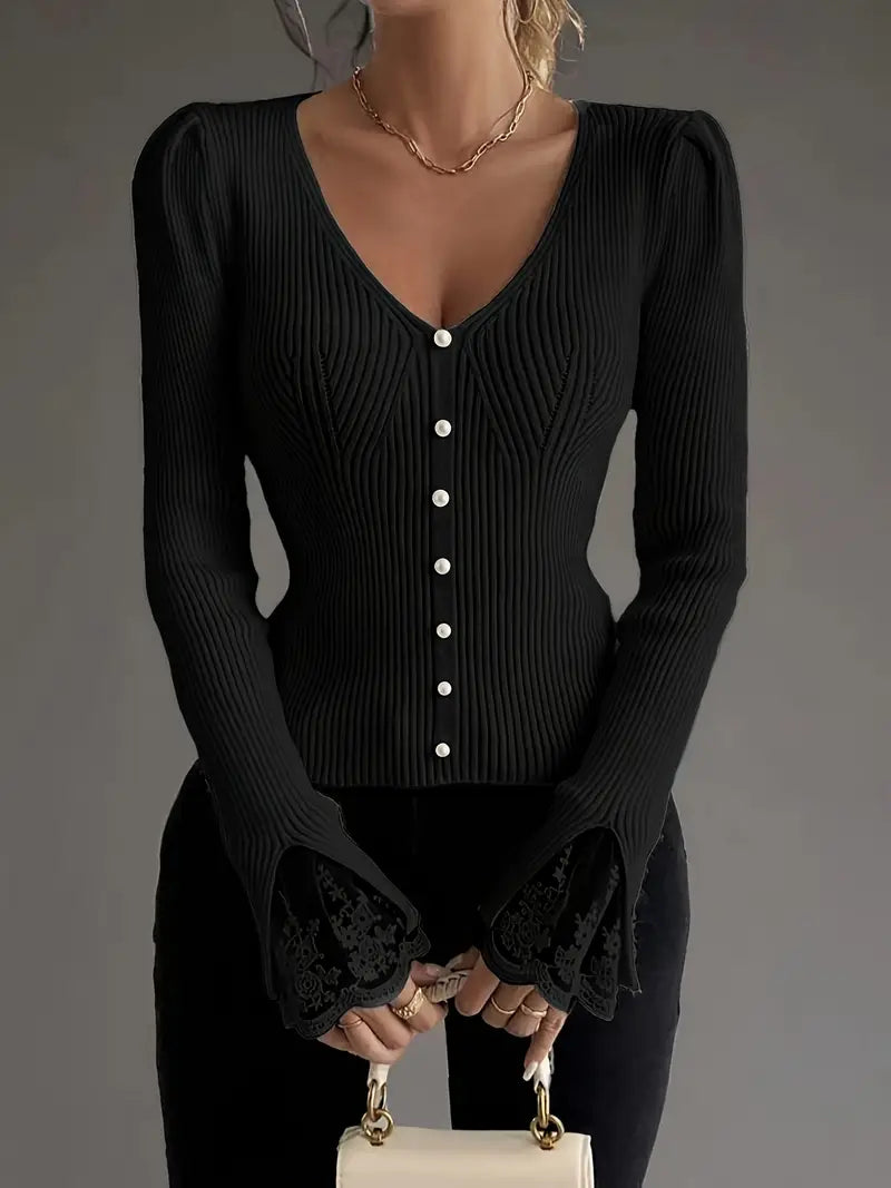 Visenna - Elegante Jersey Con Cuello en V y Mangas De Encaje