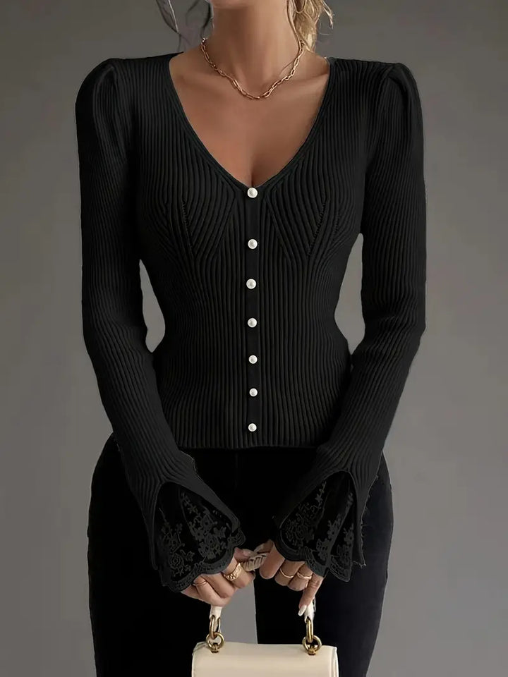Visenna - Elegante Jersey Con Cuello en V y Mangas De Encaje