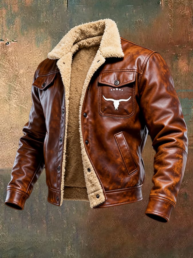 Watson - Chaqueta Cálida De Felpa Con Parches De Cuero Vintage