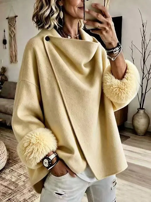 Mikila - Chaqueta Asimétrica De Mezcla De Lana Con Puños De Piel Sintética