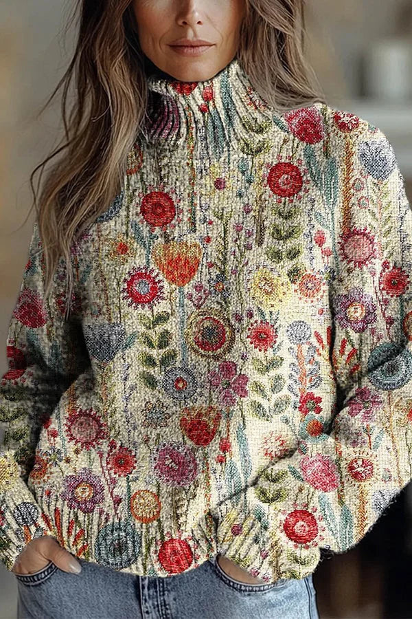 Nijole - Sudadera Floral de Cuello Alto y Manga Larga