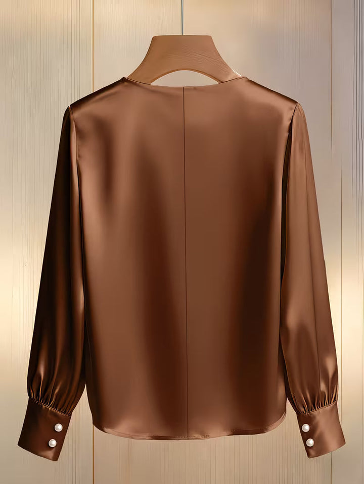 Avinaya - Elegante Camisa de Manga Larga Con Cuello Redondo y Perlas
