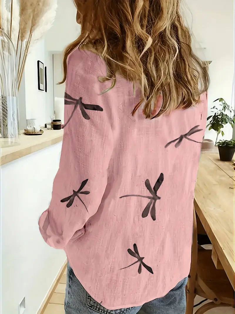 Melek - Camisa Informal Holgada Con Estampado De Libélulas