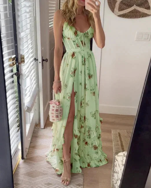 Vincena - Vestido Largo Floral Con Volantes En el Bajo