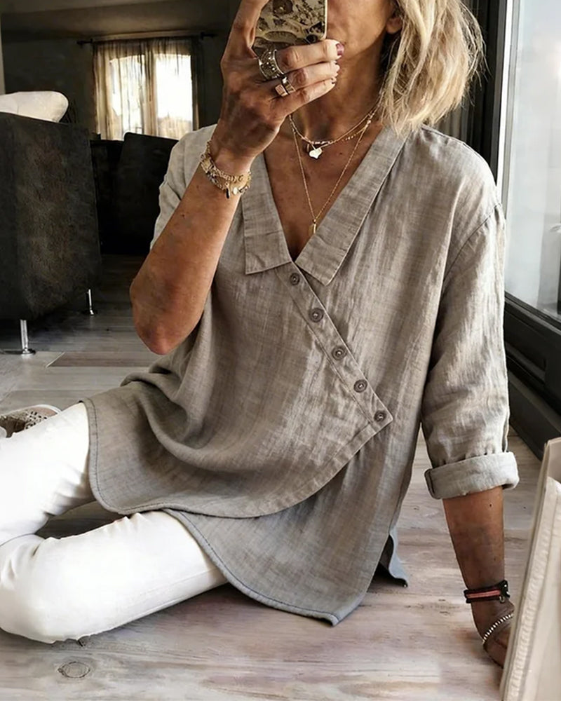 Ritienne - Blusa Cómoda Con Cuello Y Botones Asimétricos