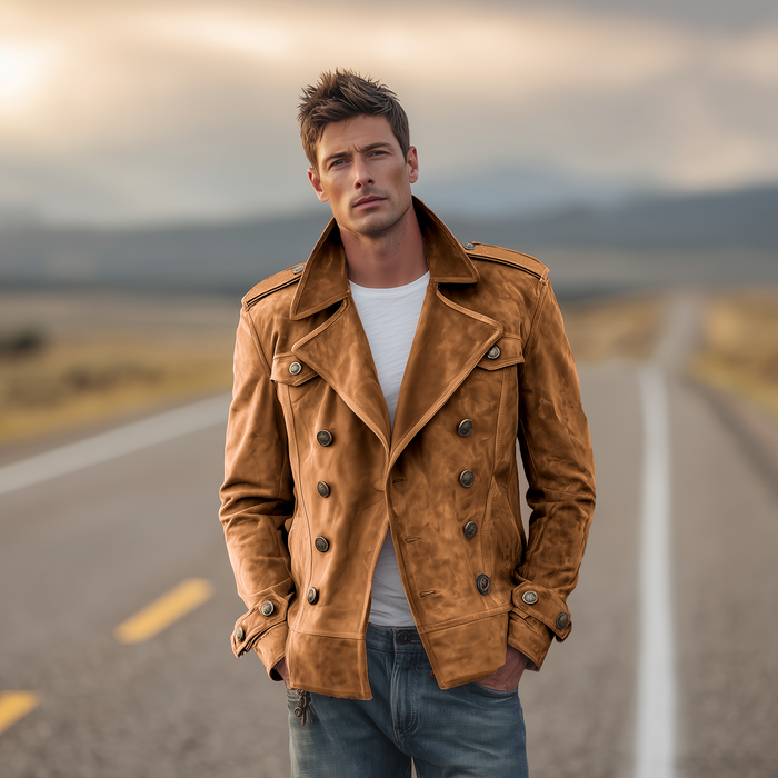 Momonosuke - Chaqueta Clásica Retro de Estilo Western Con Solapas y Doble Botonadura en Ante