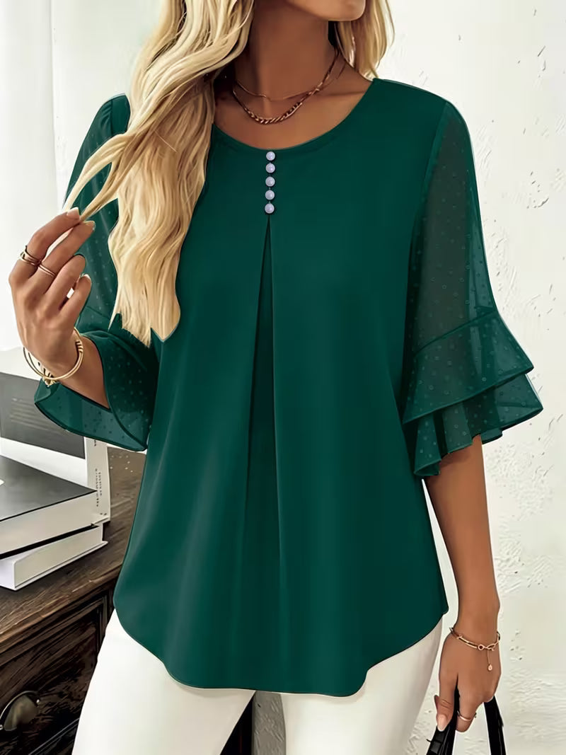 Hurley - Blusa de Cuello Redondo Con Mangas Transparentes Con Volantes
