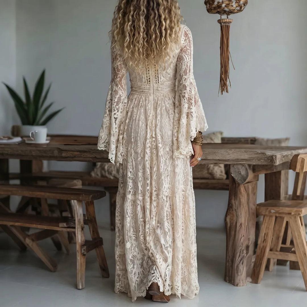 Chariya - Vestido Largo Bohemio De Encaje Floral Con Mangas Acampanadas