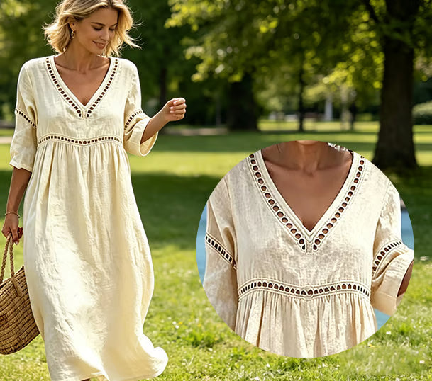 Mikela - Vestido Midi Con Cuello en V Y Adornos Calados