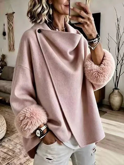 Mikila - Chaqueta Asimétrica De Mezcla De Lana Con Puños De Piel Sintética