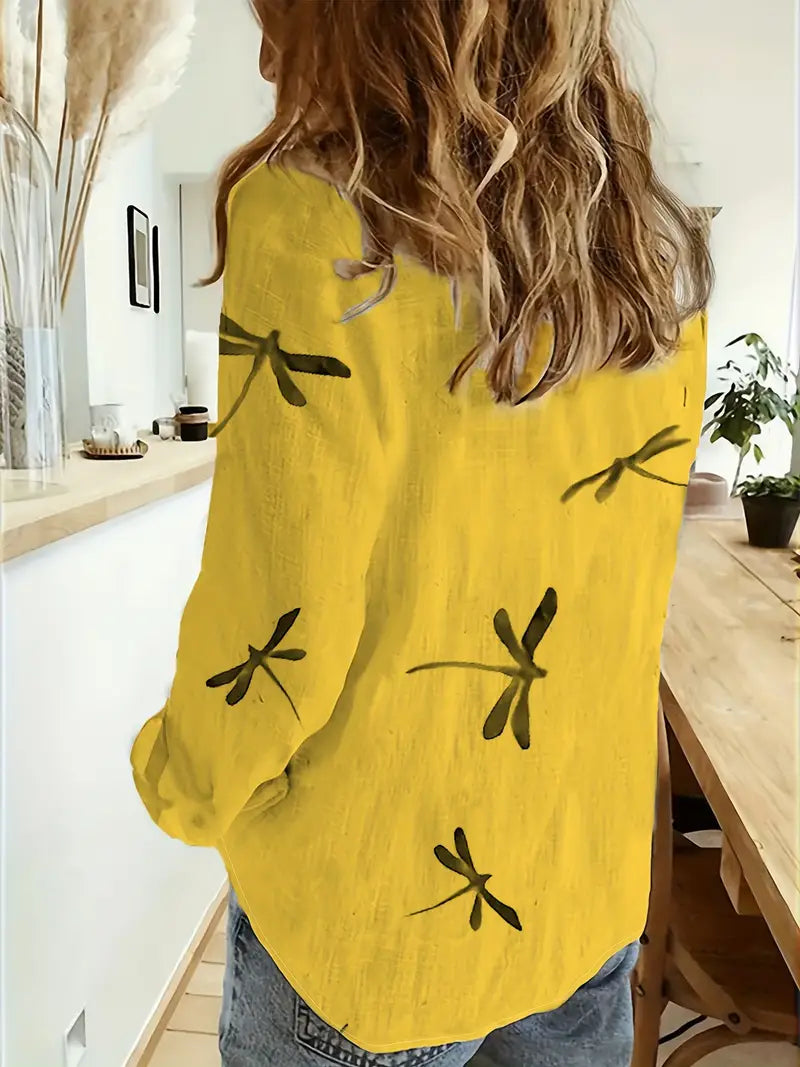 Melek - Camisa Informal Holgada Con Estampado De Libélulas