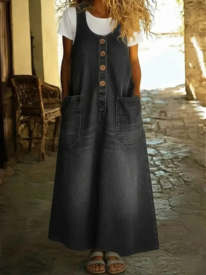 Yveta - Vestido Informal sin Mangas de Algodón y Denim