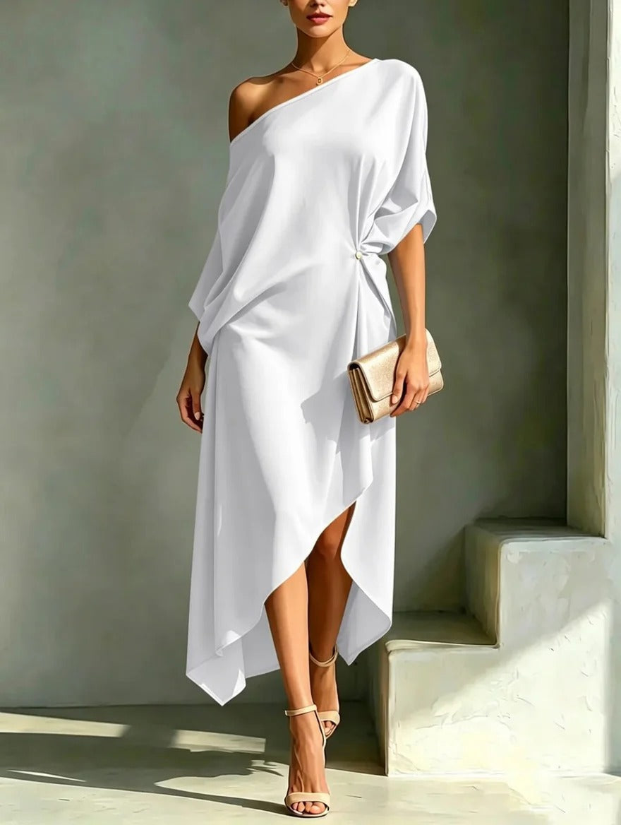 Elonia - Vestido Midi Asimétrico Con Hombros al Aire