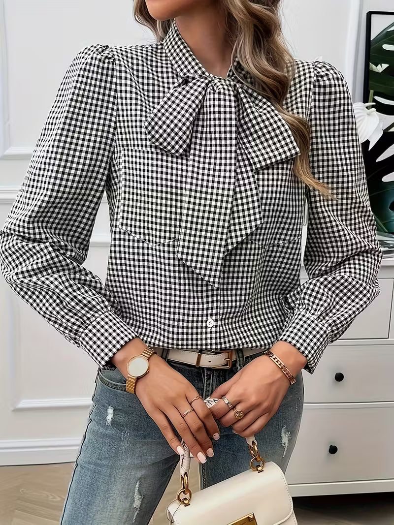 Meella - Elegante Blusa Con Pajarita a Cuadros Vichy