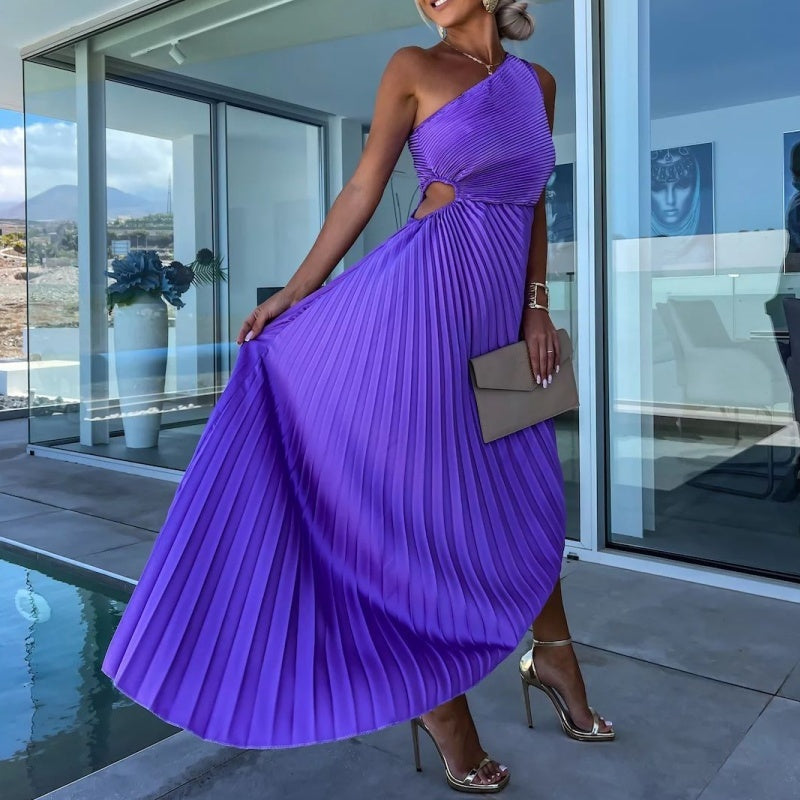 Breena - Elegante Vestido Largo Con Un Hombro Al Aire Y Plisado