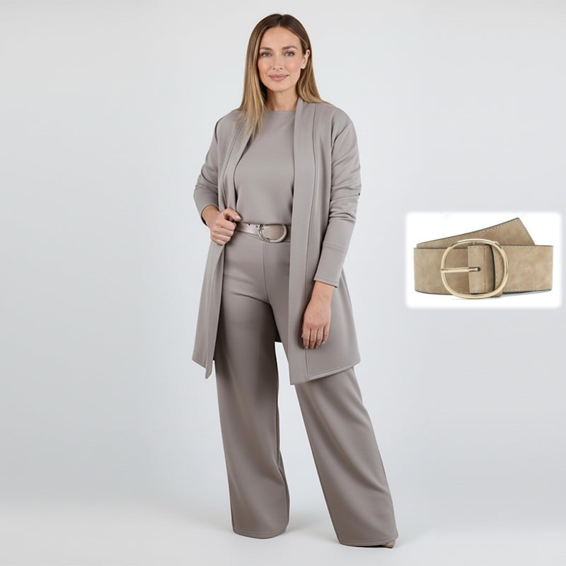 Dorren - Elegante Conjunto de Tres Piezas Con Cárdigan Largo, Top y Pantalón