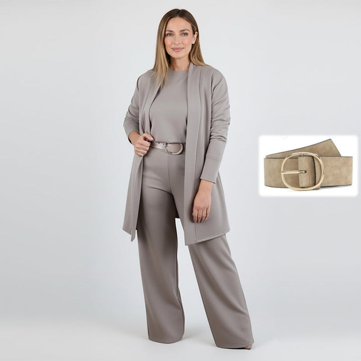 Dorren - Elegante Conjunto de Tres Piezas Con Cárdigan Largo, Top y Pantalón