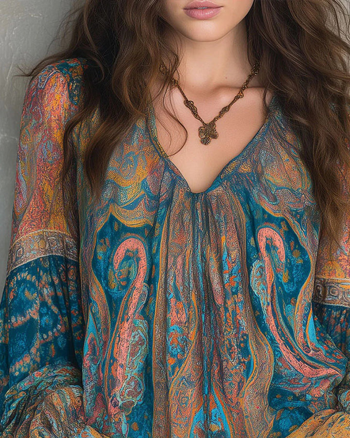 Izabella - Blusa De Cuello En V Estilo Bohemio Con Mangas Acampanadas