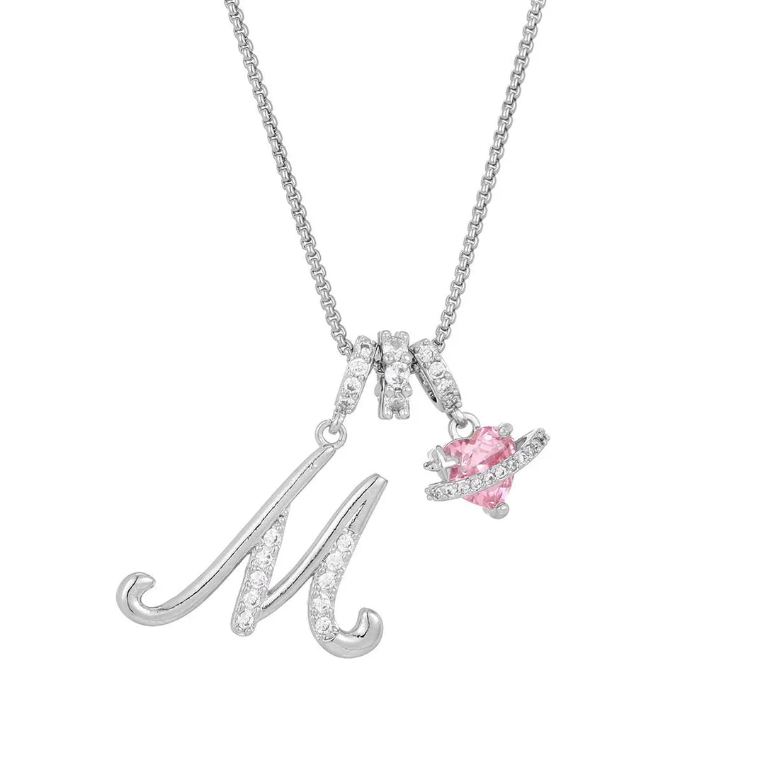Nerute - Collar Con Inicial y Colgante de Corazón Rosa