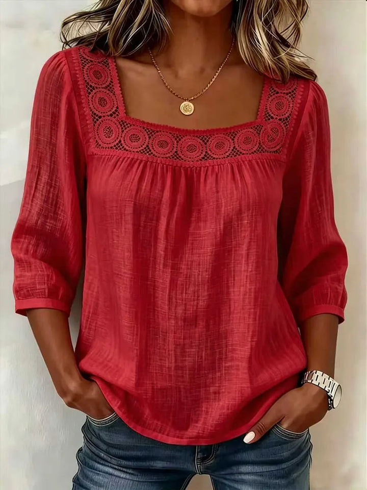 Nozomi - Blusa De Encaje Con Cuello Cuadrado Y Diseño De Retazos
