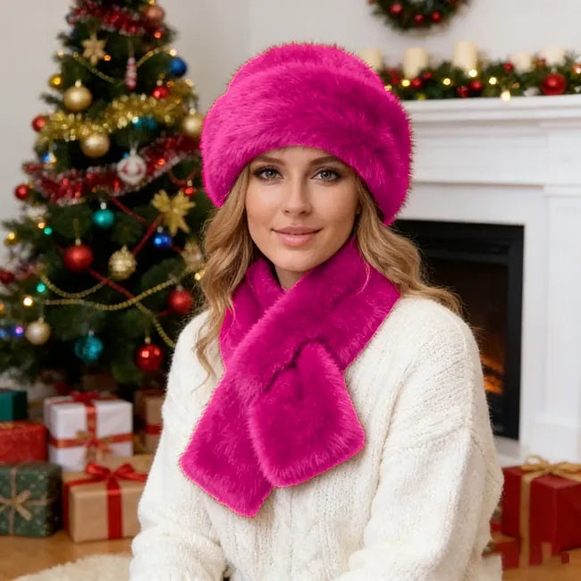Eugenie - Conjunto de Gorro de Invierno Mullido y Bufanda a Juego