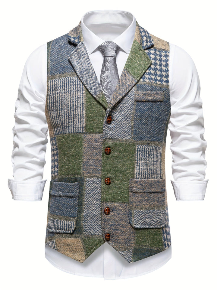 Saverse - Chaleco De Tweed Con Diseño En Espiga y Patchwork