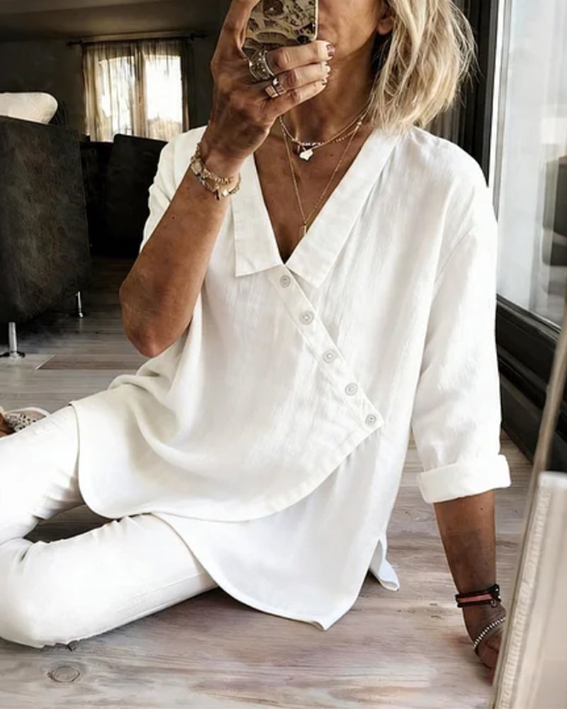 Ritienne - Blusa Cómoda Con Cuello Y Botones Asimétricos