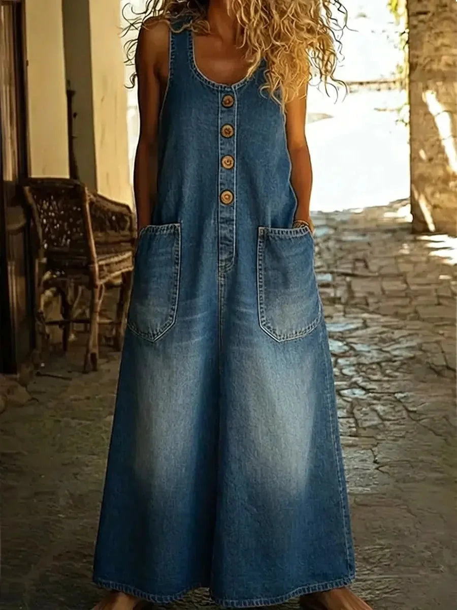 Yveta - Vestido Informal sin Mangas de Algodón y Denim