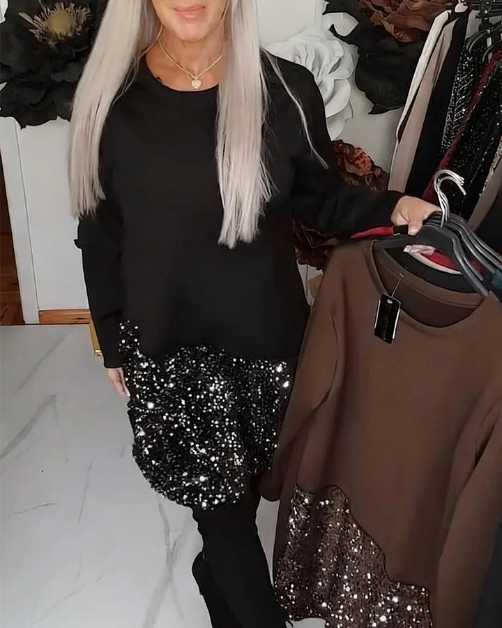 Ksenija - Vestido De Patchwork Con Cuello Redondo y Lentejuelas