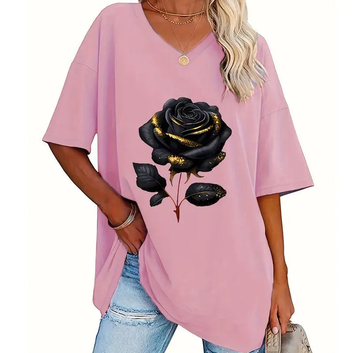 Aijia - Camiseta Con Cuello en V Y Estampado De Rosas