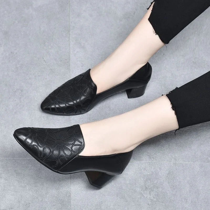 Minhora - Zapatos De Tacón Con Bloque Bordados En Cuero