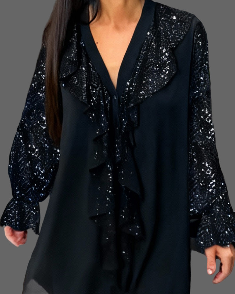 Moxie - Blusa con Volantes y Lentejuelas Brillantes con Cuello en V