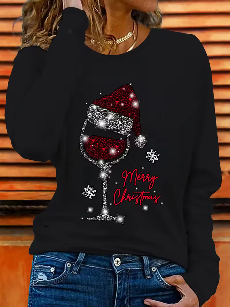 Doreah - Jersey Con Estampado De Copa De Vino Navideña y Gorro De Papá Noel