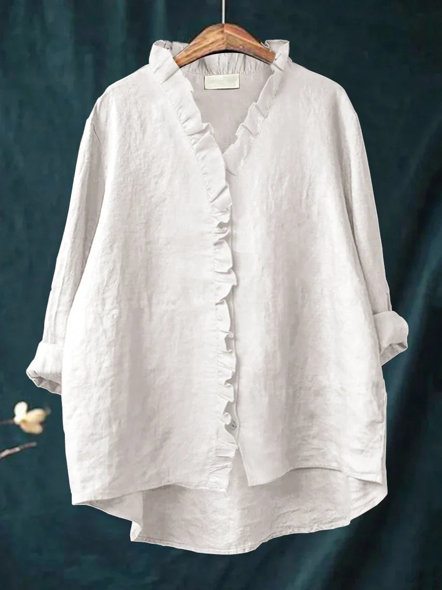 Sanela - Camisa Casual de Algodón y Lino con Volantes