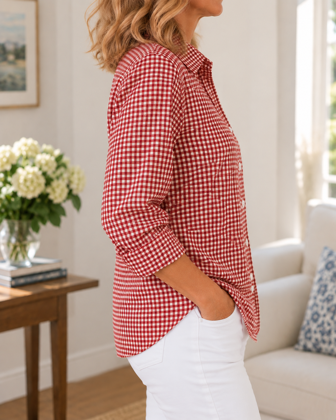 Colien - Camisa de Manga Larga a Cuadros Vichy Con Botones