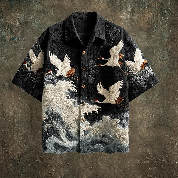Francis - Camisa de Manga Corta con Estampado de Olas y Grullas