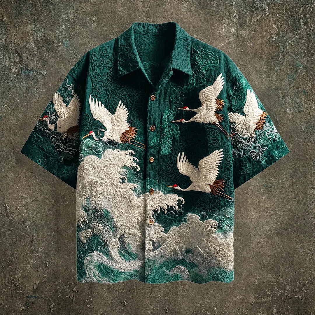 Francis - Camisa de Manga Corta con Estampado de Olas y Grullas